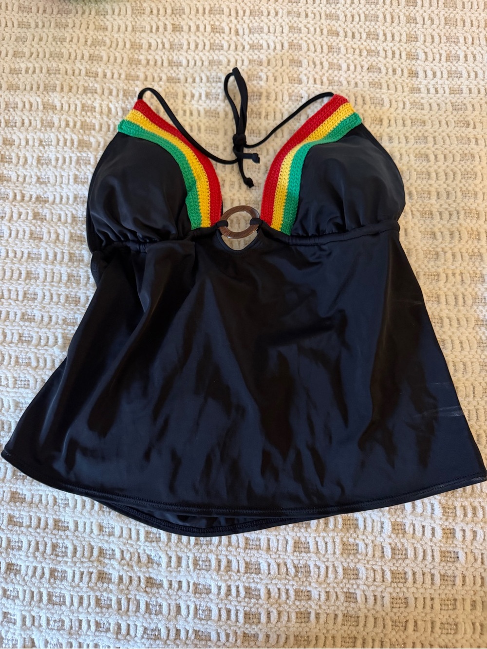 Xhilaration Black Tankini Top with Red, Yellow & Green Trim